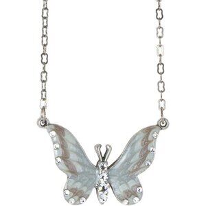 Anne Koplik Grey Enamel Clear Crystal Silver Butterfly Pendant Necklace NWT